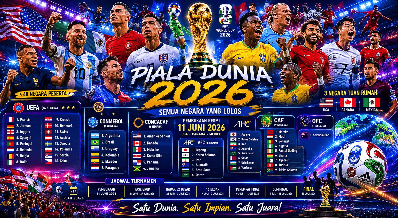 PIALA DUNIA 2026 RESMI DIMULAI 11 JUNI 2026 — Pertarungan Para Raja Sepak Bola Dunia Dimulai!