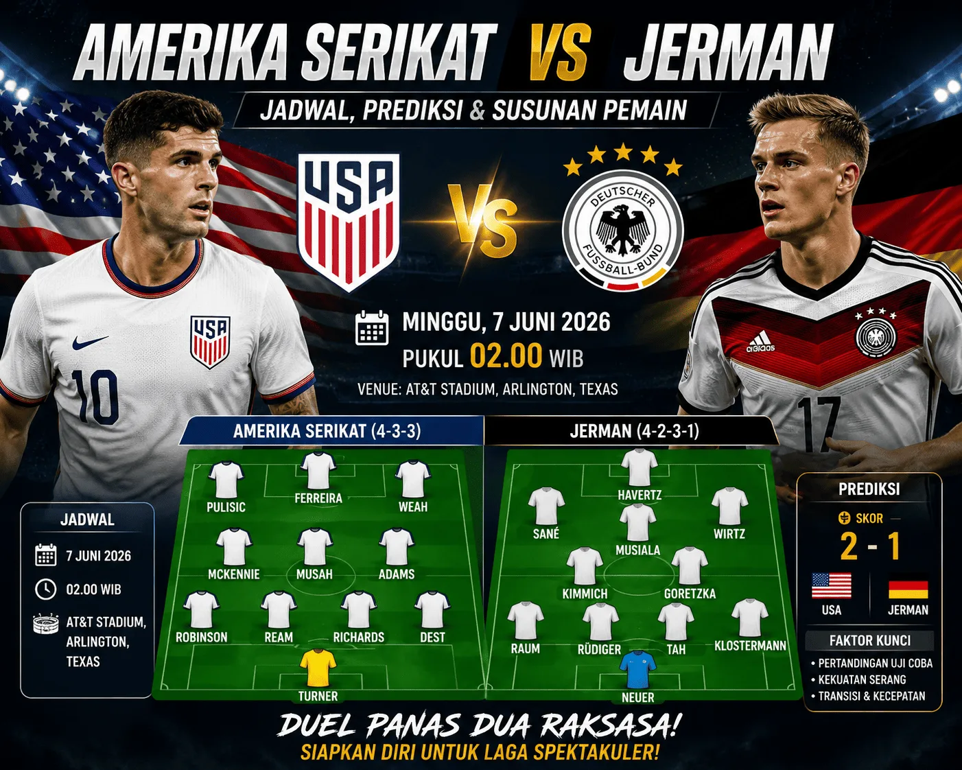 Amerika Serikat vs Jerman: Jadwal, Prediksi Susunan Pemain & Analisis Laga Internasional 7 Juni 2026