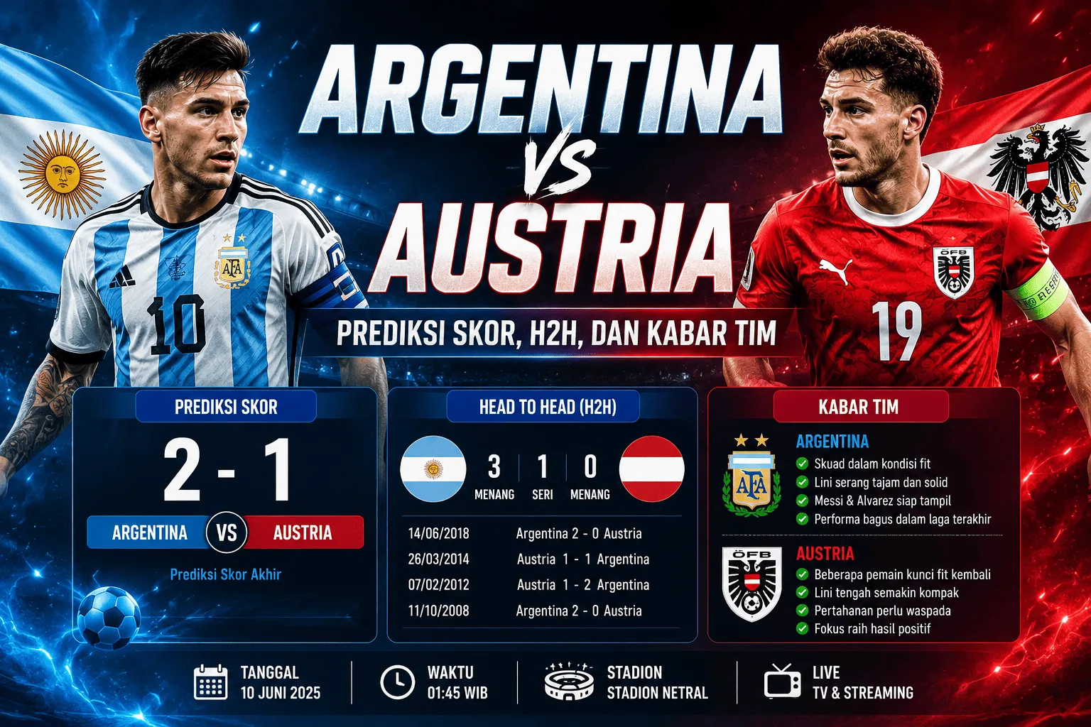 Argentina vs Austria: Prediksi Skor, H2H, dan Kabar Tim