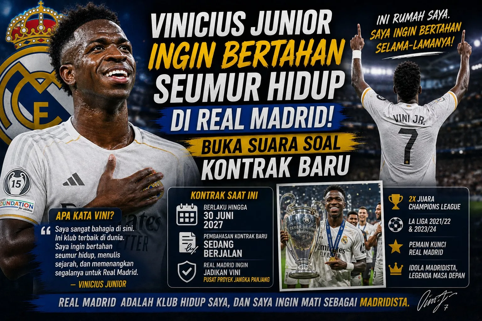 Vinicius Junior Ingin Bertahan Seumur Hidup di Real Madrid, Buka Suara soal Kontrak Baru