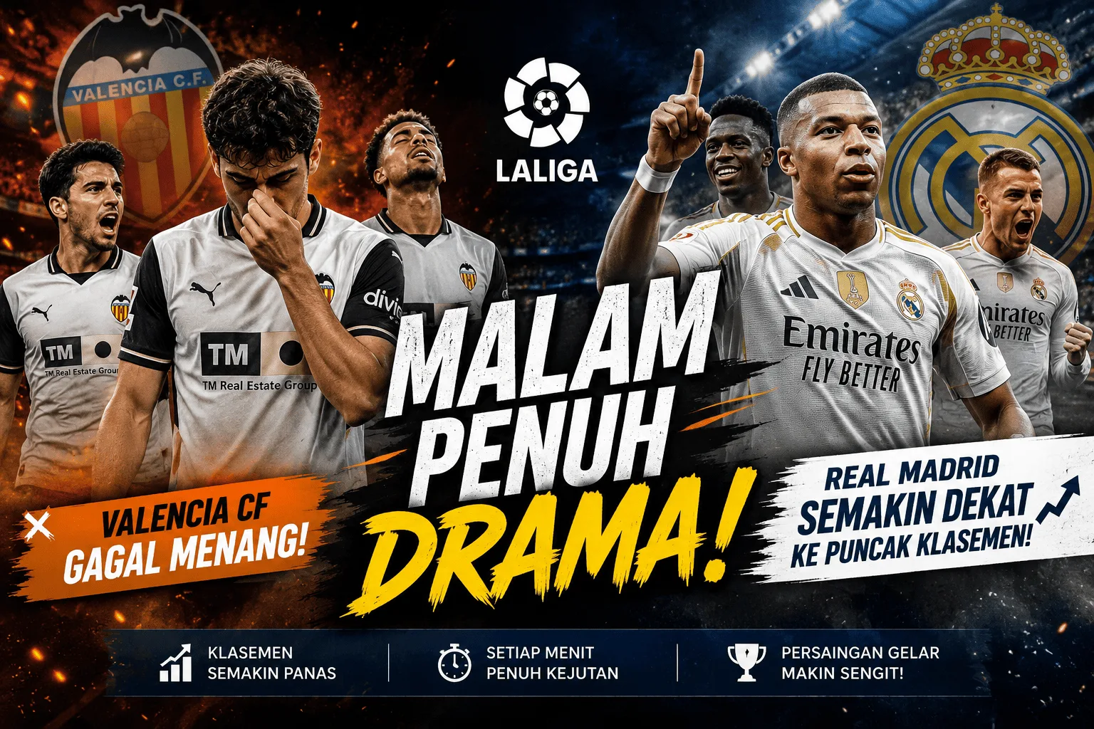 Malam Penuh Drama La Liga! Valencia CF Gagal Menang, Real Madrid Semakin Dekat ke Puncak Klasemen