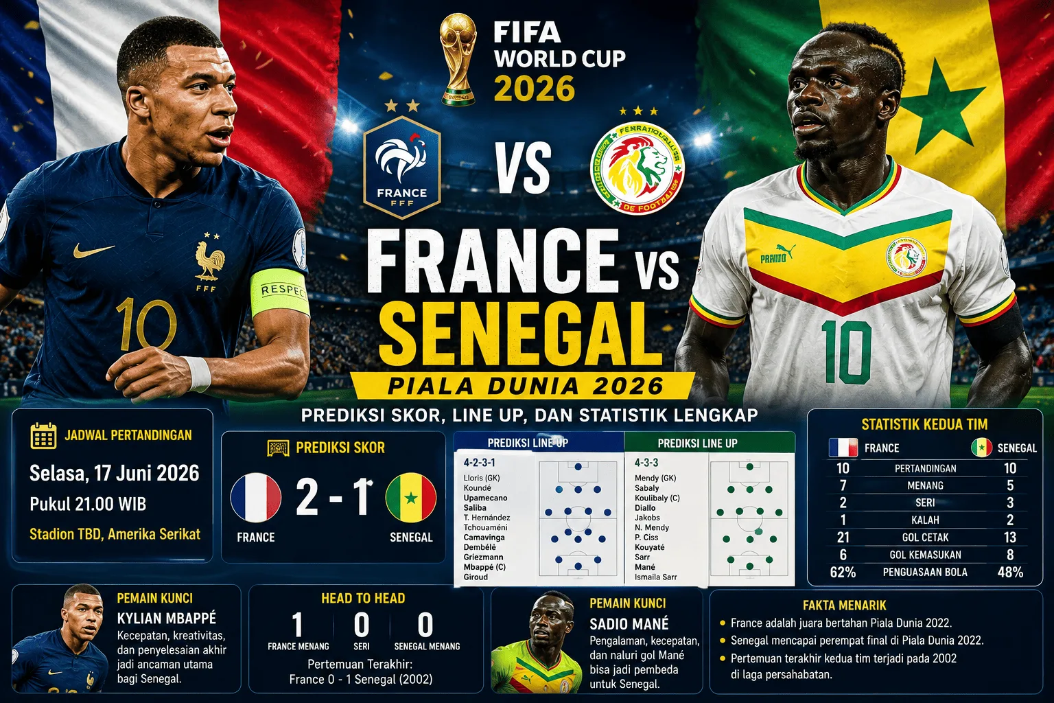France vs Senegal Piala Dunia 2026: Prediksi Skor, Line Up, dan Statistik Lengkap