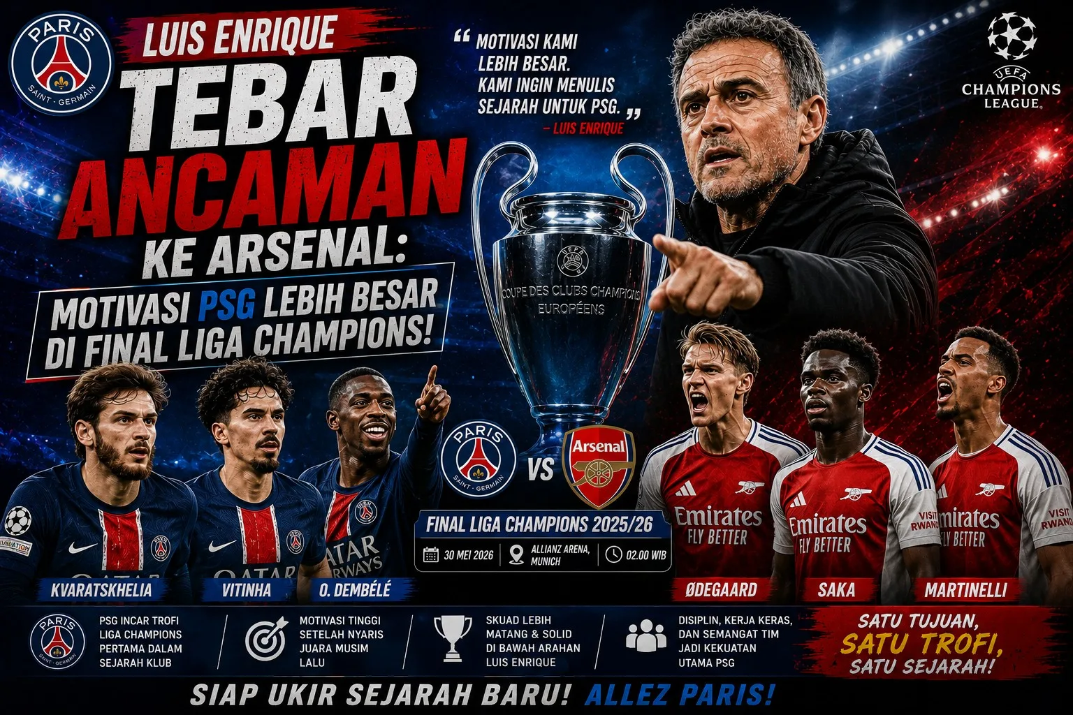 Luis Enrique Tebar Ancaman ke Arsenal: Motivasi PSG Lebih Besar di Final Liga Champions