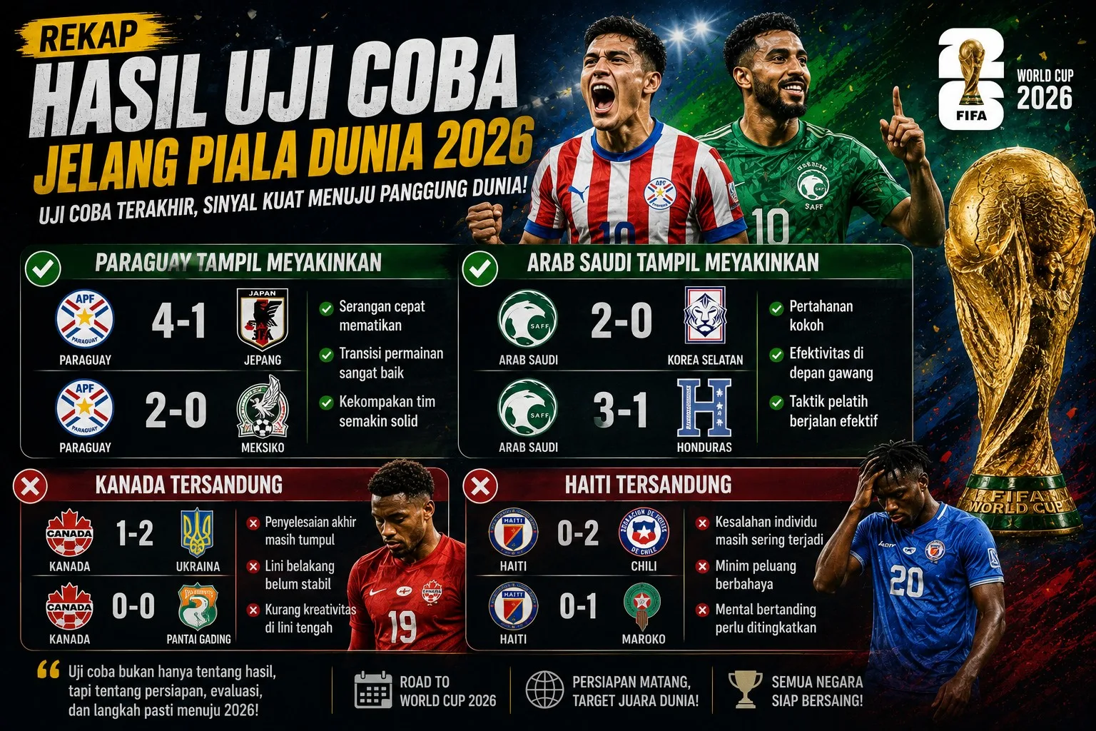 Rekap Hasil Uji Coba Jelang Piala Dunia 2026: Paraguay dan Arab Saudi Tampil Meyakinkan, Kanada dan Haiti Tersandung