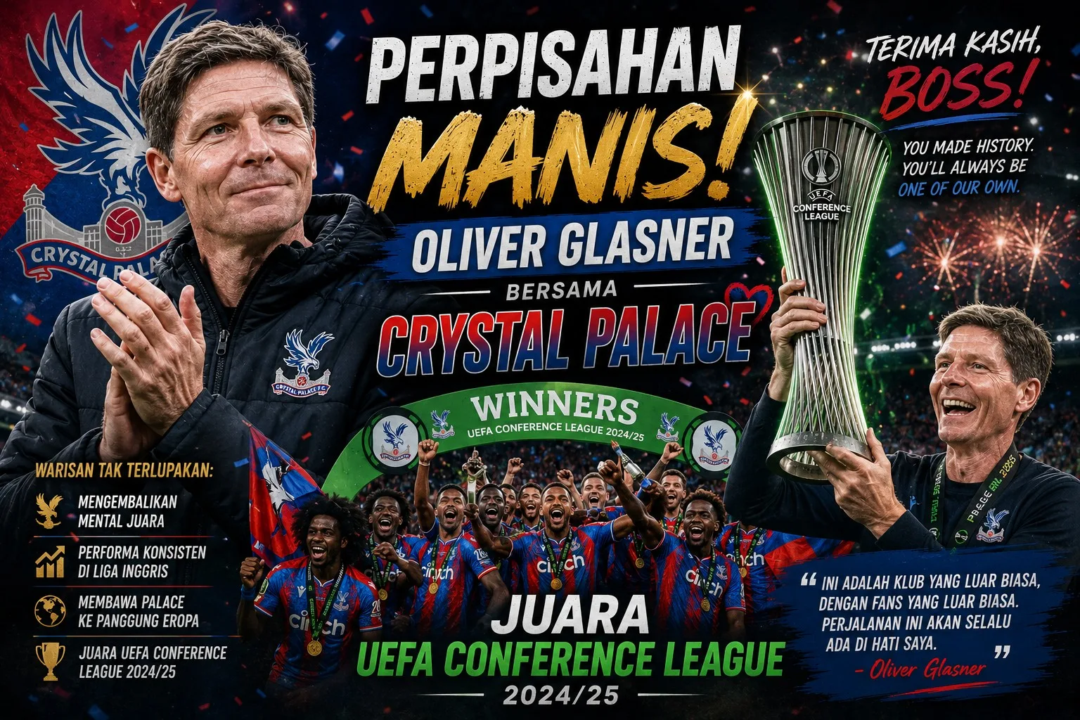 Perpisahan Manis Oliver Glasner Bersama Crystal Palace: Juara UEFA Conference League