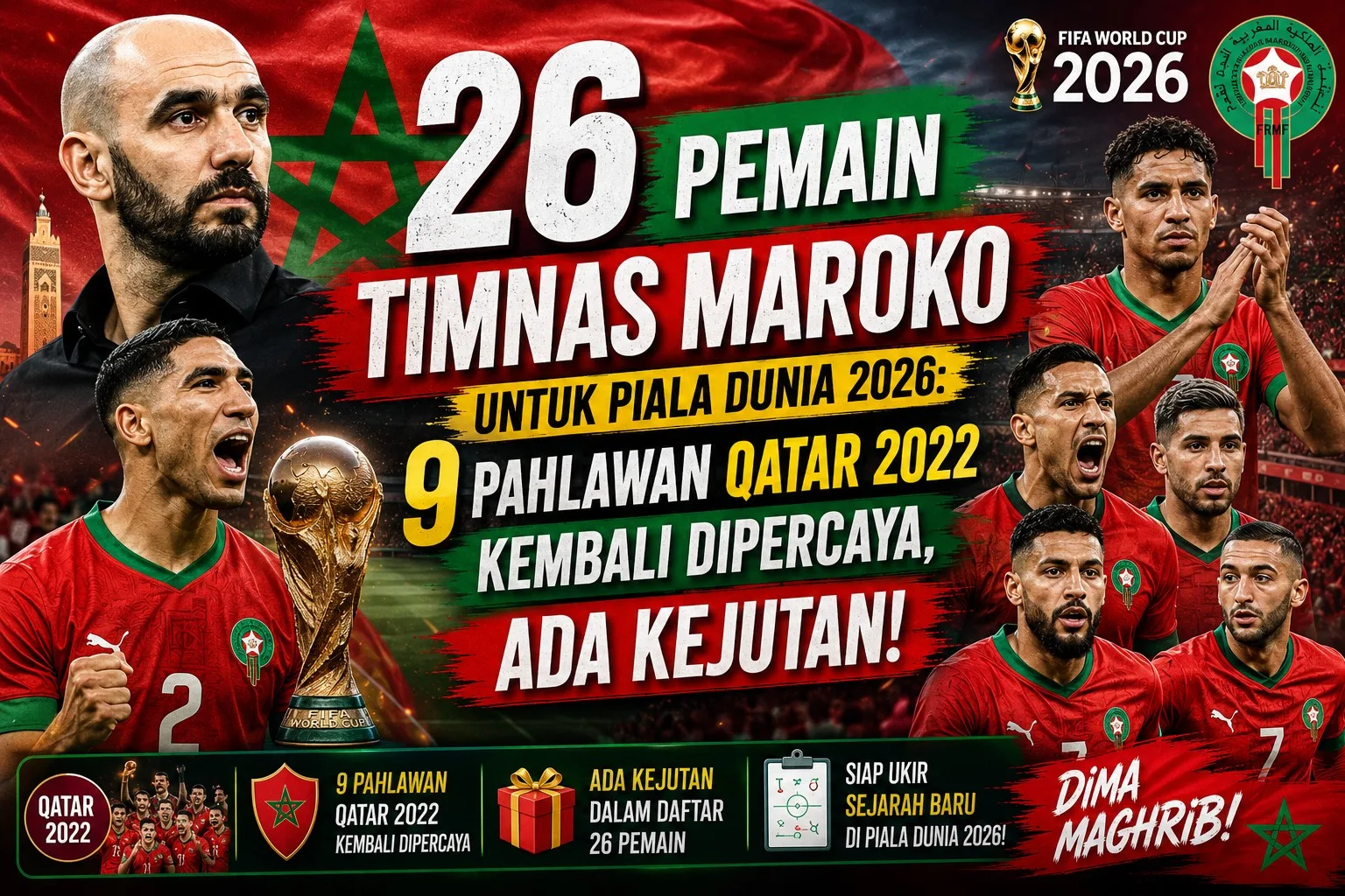 26 Pemain Timnas Maroko untuk Piala Dunia 2026: 9 Pahlawan Qatar 2022 Kembali Dipercaya, Ada Kejutan!