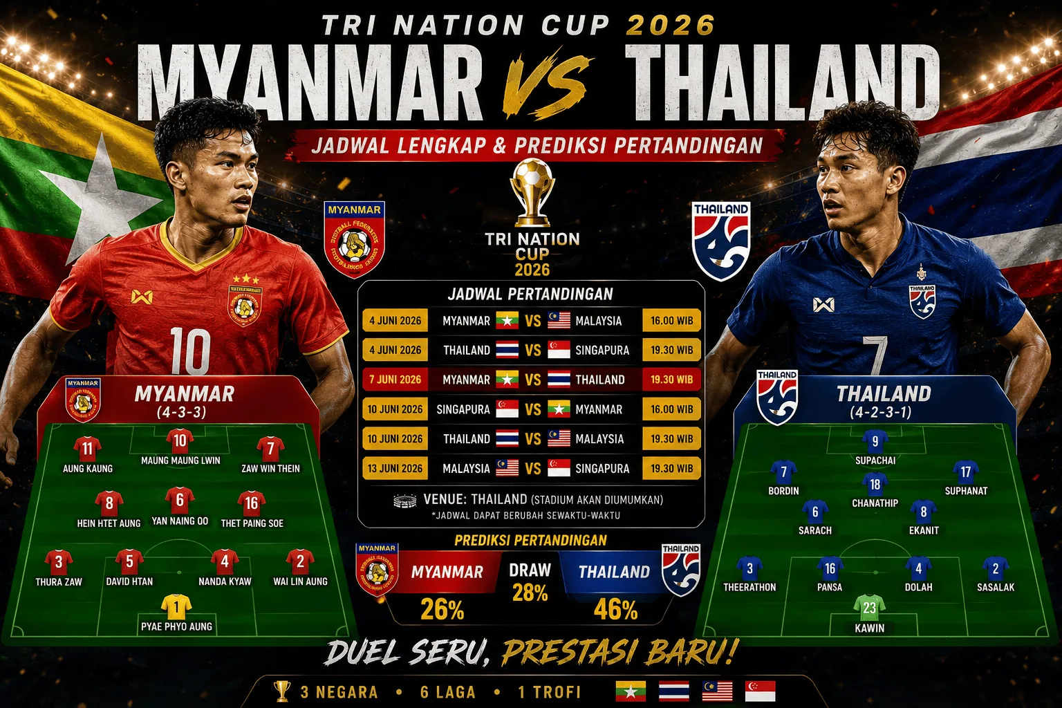 Myanmar vs Thailand: Jadwal Lengkap Tri Nation Cup 2026 dan Prediksi Pertandingan
