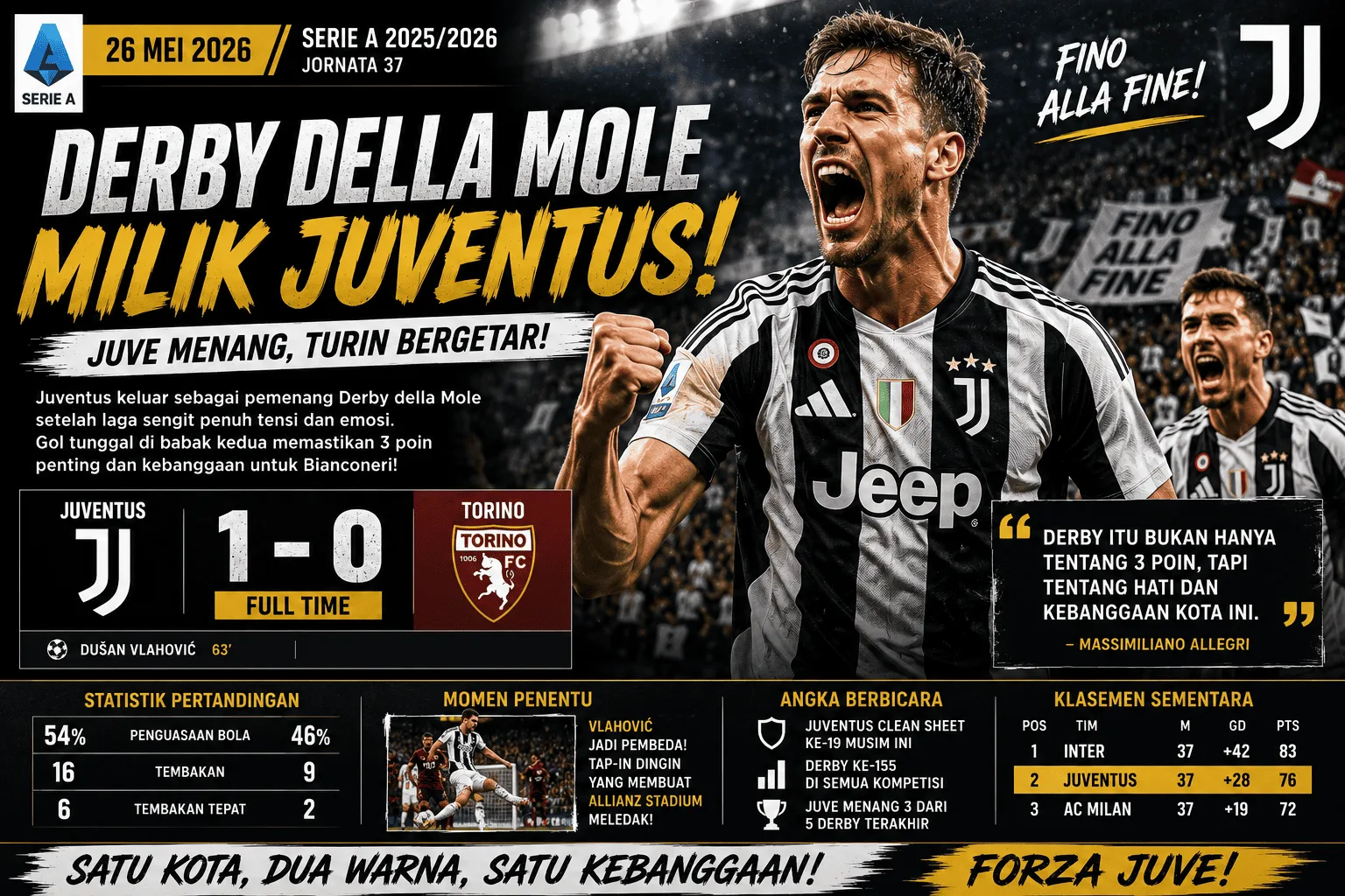 Derby Turin Membara! Juventus Menang Dramatis dalam Duel Sarat Emosi