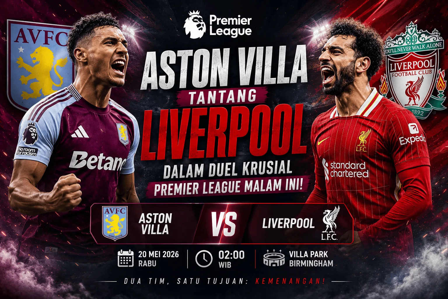 Aston Villa Tantang Liverpool dalam Duel Krusial Premier League Malam Ini