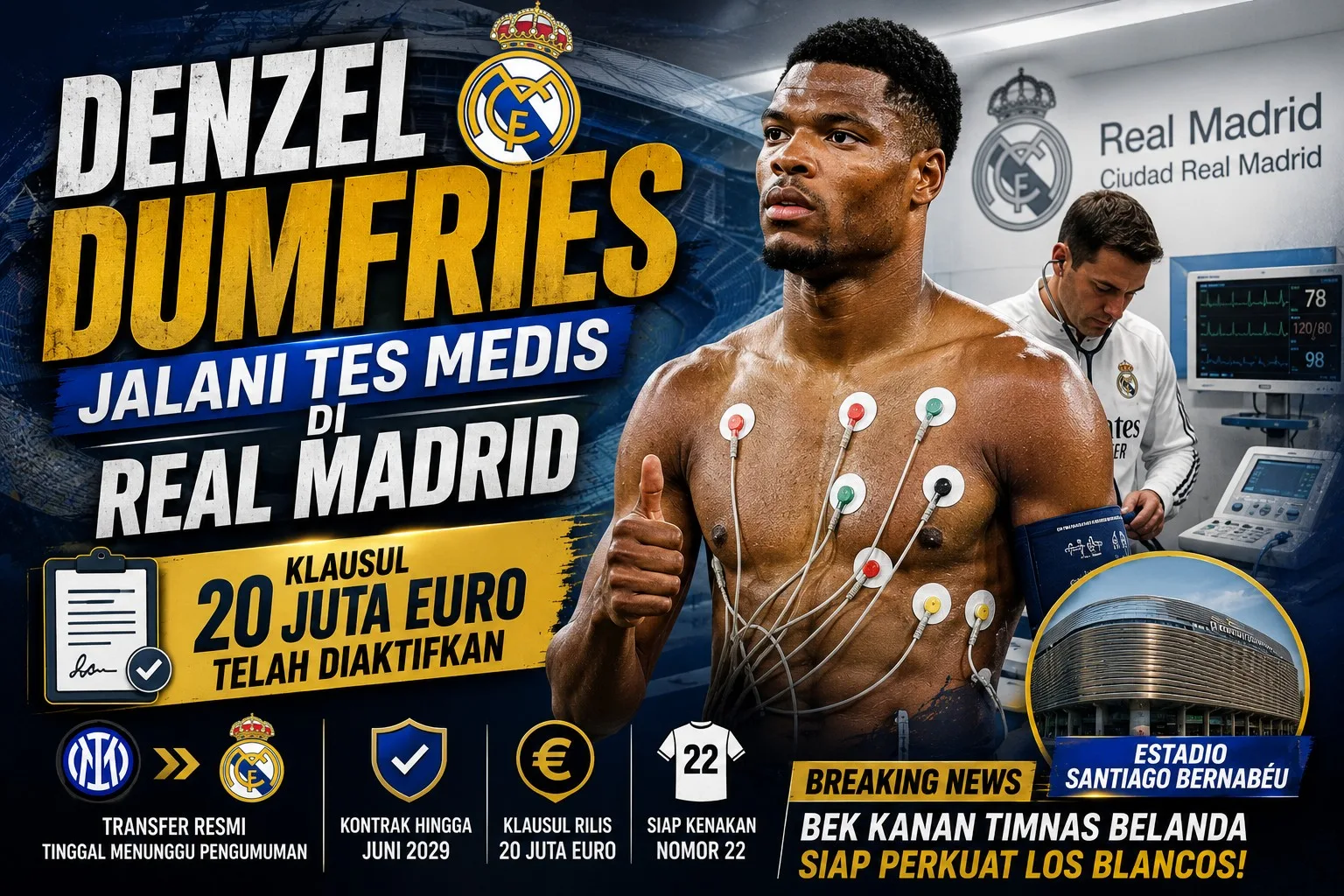 Denzel Dumfries Jalani Tes Medis di Real Madrid, Klausul 20 Juta Euro Telah Diaktifkan