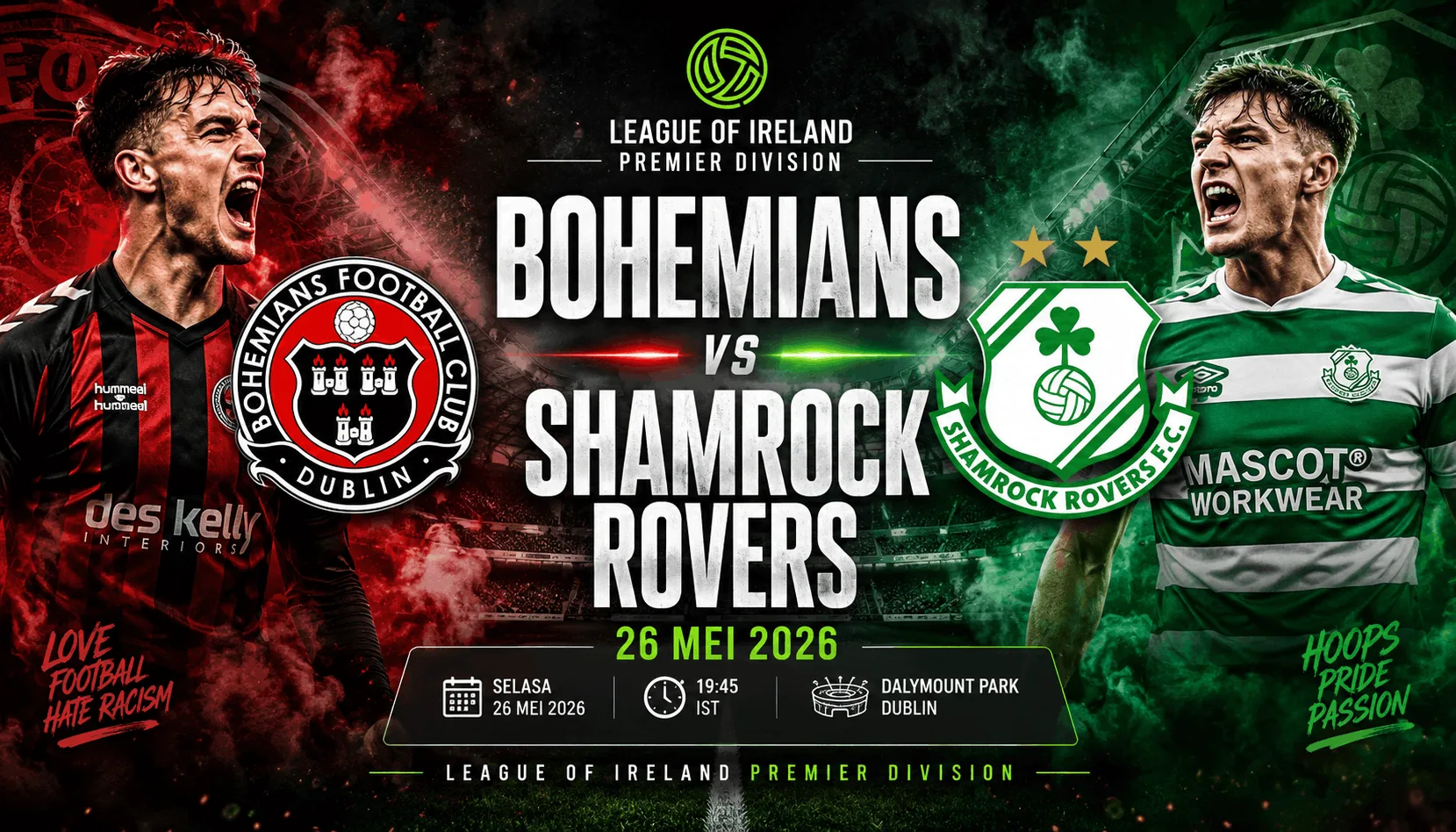Bohemians vs Shamrock Rovers 26 Mei 2026: Derby Panas Premier Division Siap Memanas
