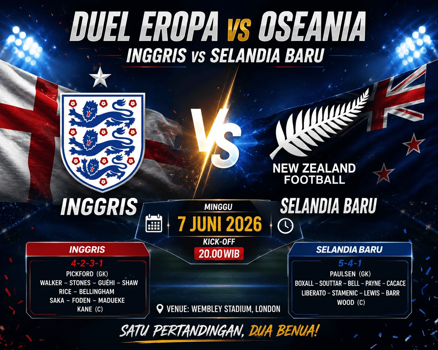 Inggris vs Selandia Baru: Duel Menarik Timnas Eropa dan Oseania pada 7 Juni 2026