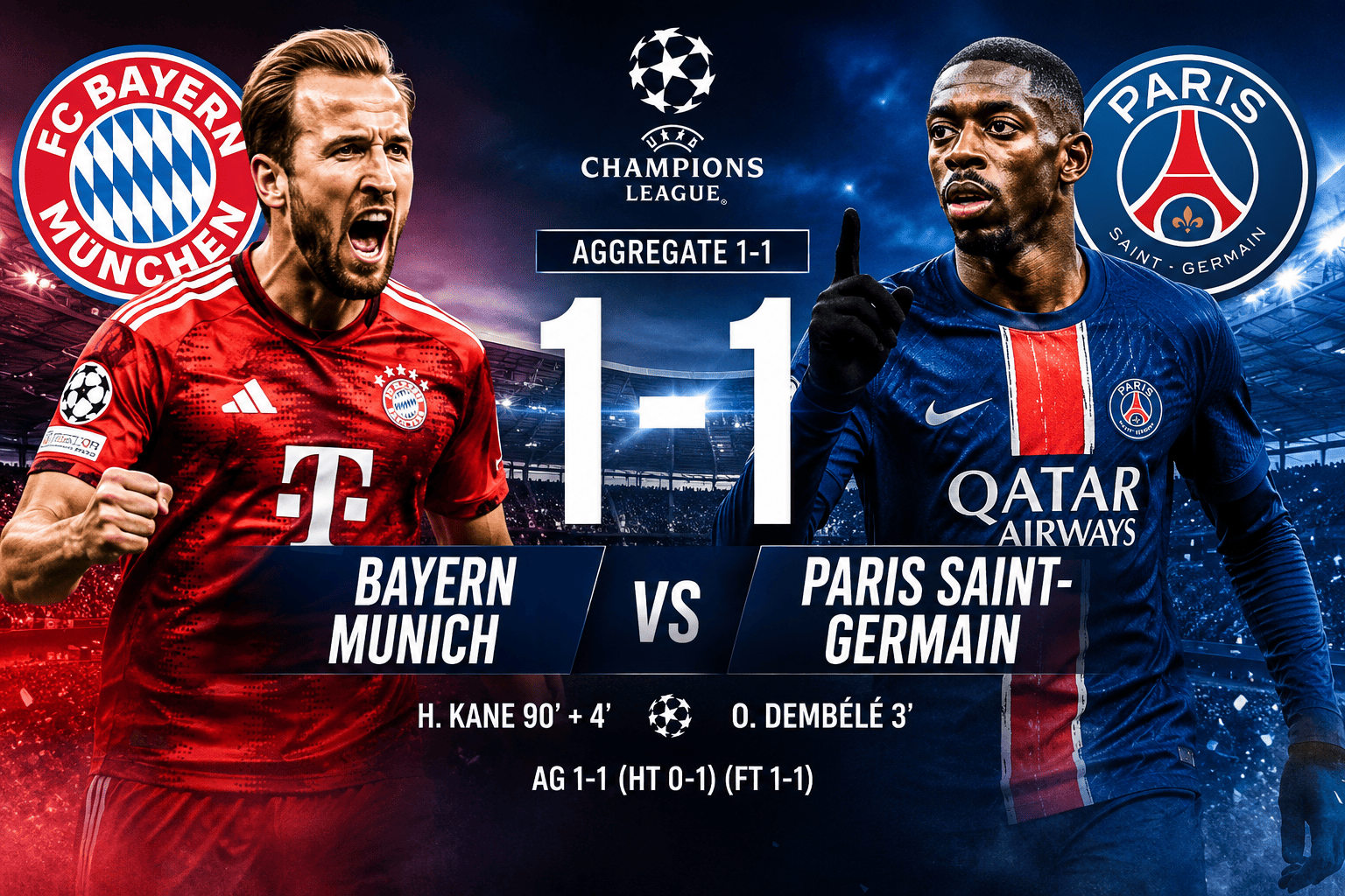 Bayern Munich vs PSG 1-1: Hasil Liga Champions, Gol Kane dan Dembele Warnai Laga Dramatis