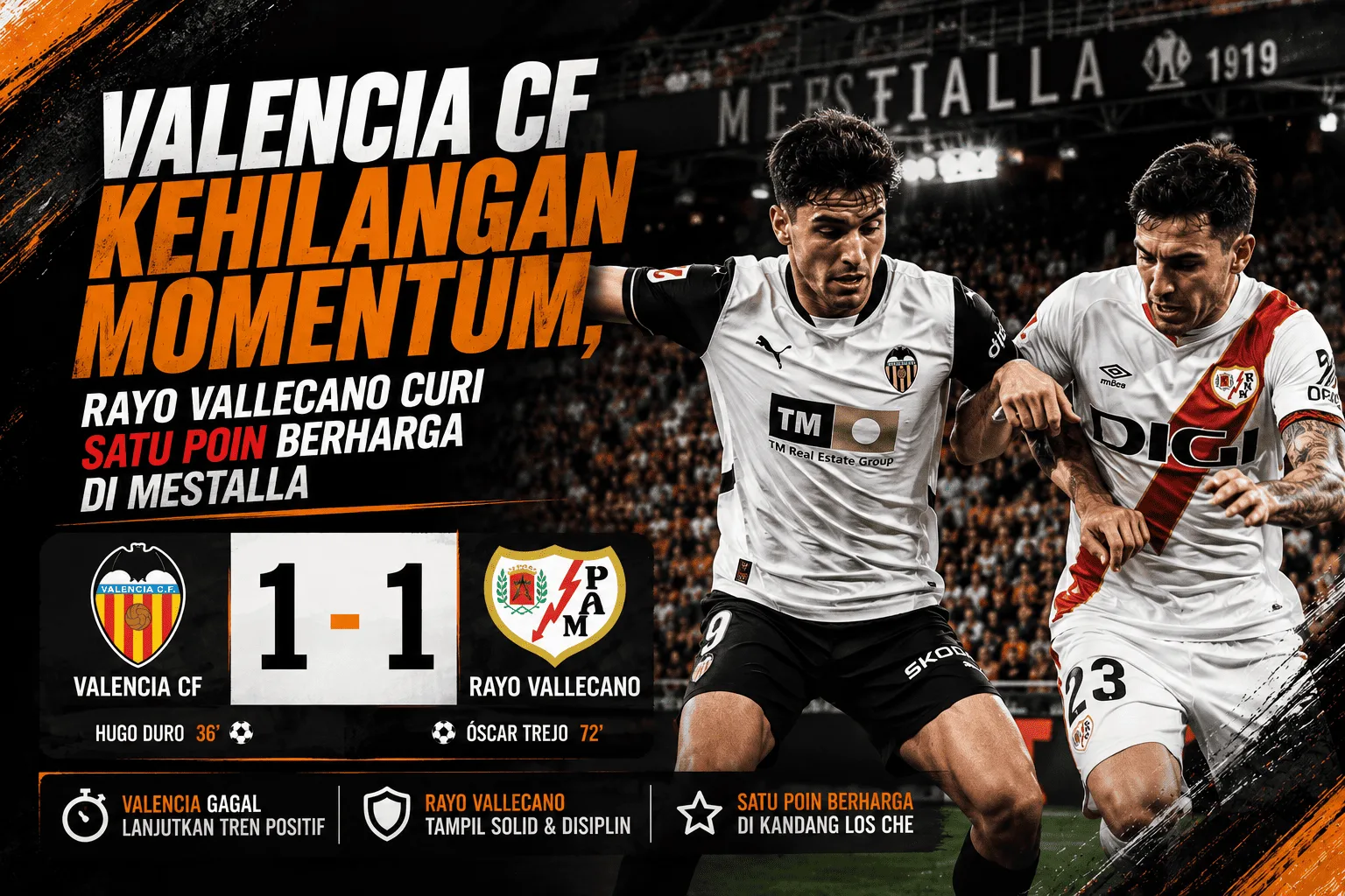 Valencia CF Kehilangan Momentum, Rayo Vallecano Cur i Satu Poin Berharga di Mestalla