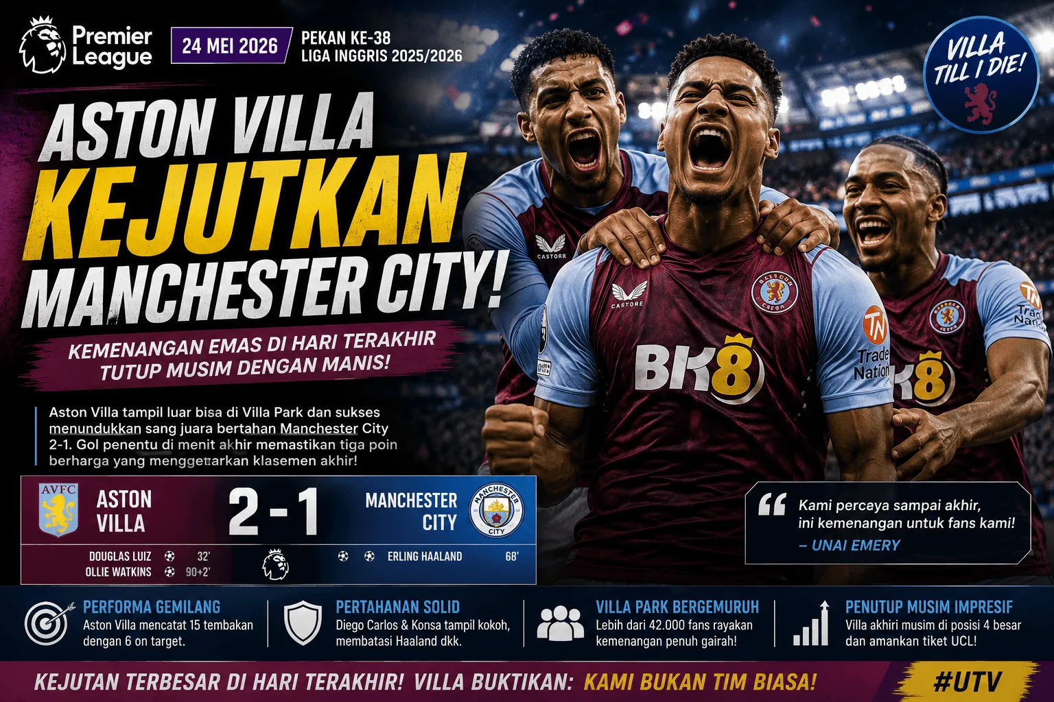 Aston Villa Bungkam Manchester City! Kejutan Besar Tutup Liga Inggris 2026