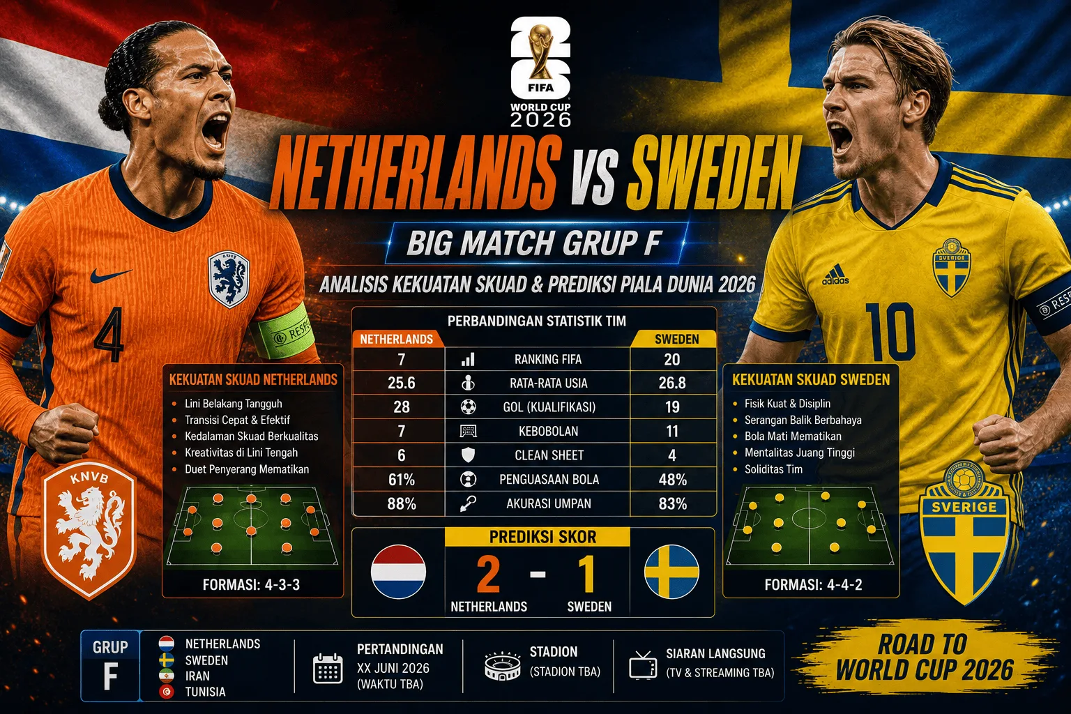 Netherlands vs Sweden: Big Match Grup F, Analisis Kekuatan Skuad, dan Prediksi Piala Dunia 2026