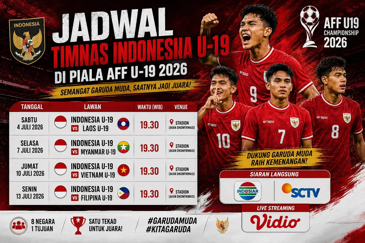 Jadwal Timnas Indonesia U-19 di Piala AFF U-19 2026, Siaran Langsung Indosiar dan SCTV, Live Streaming Vidio