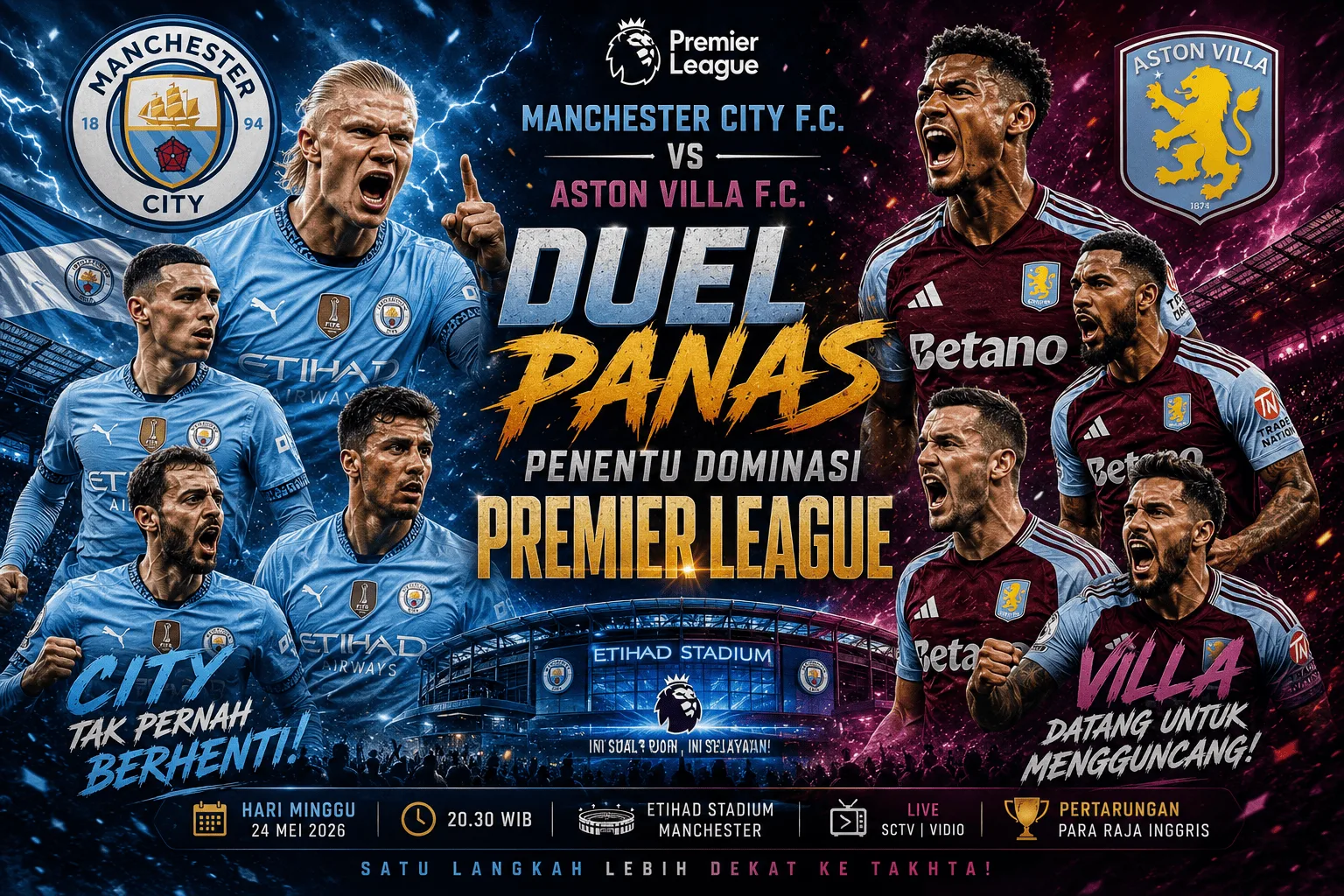 Manchester City F.C. vs Aston Villa F.C.: Duel Panas Penentu Dominasi Premier League