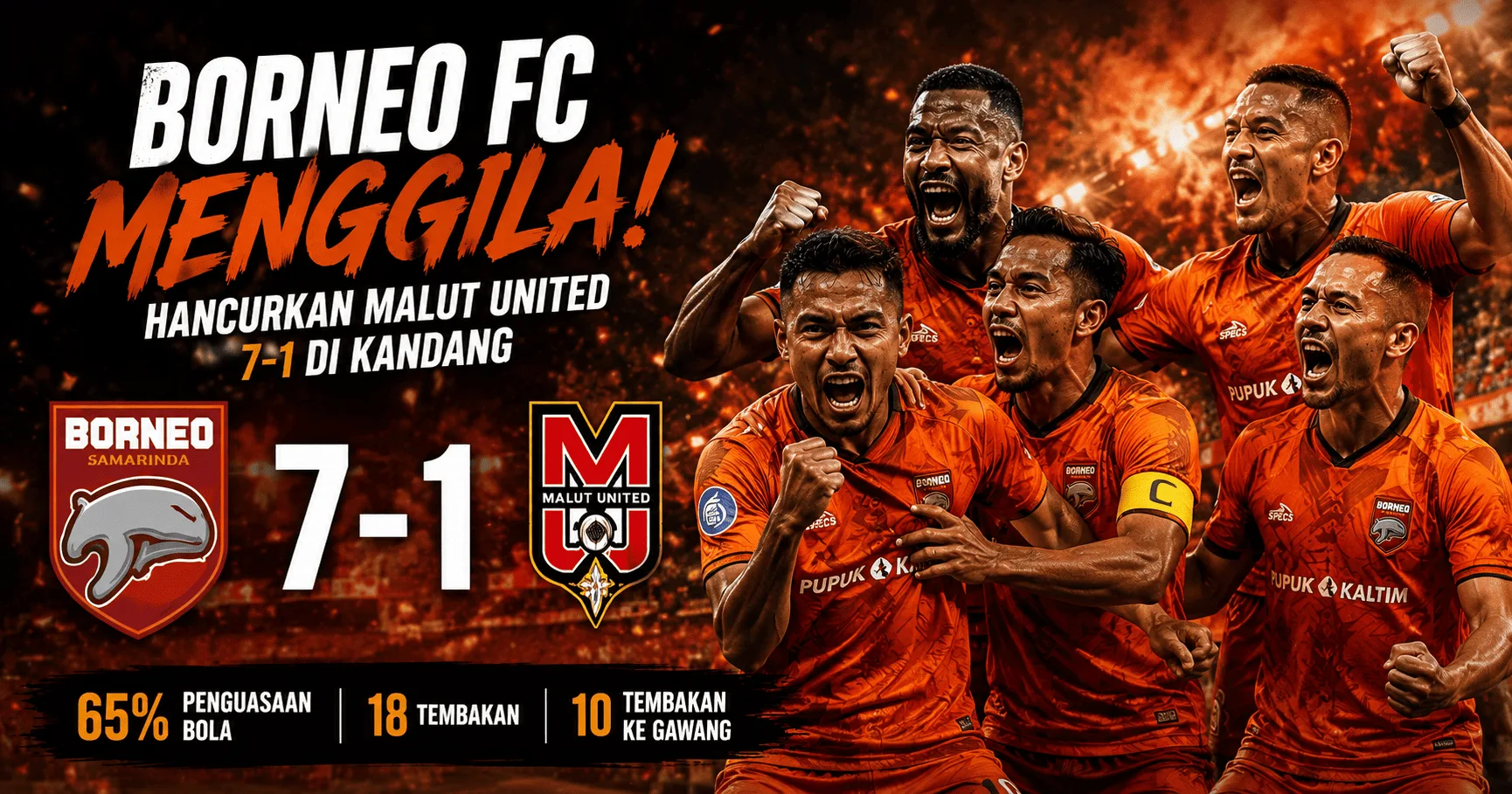 Borneo FC Menggila! Hancurkan Malut United 7-1 di Kandang pada Super League 2026