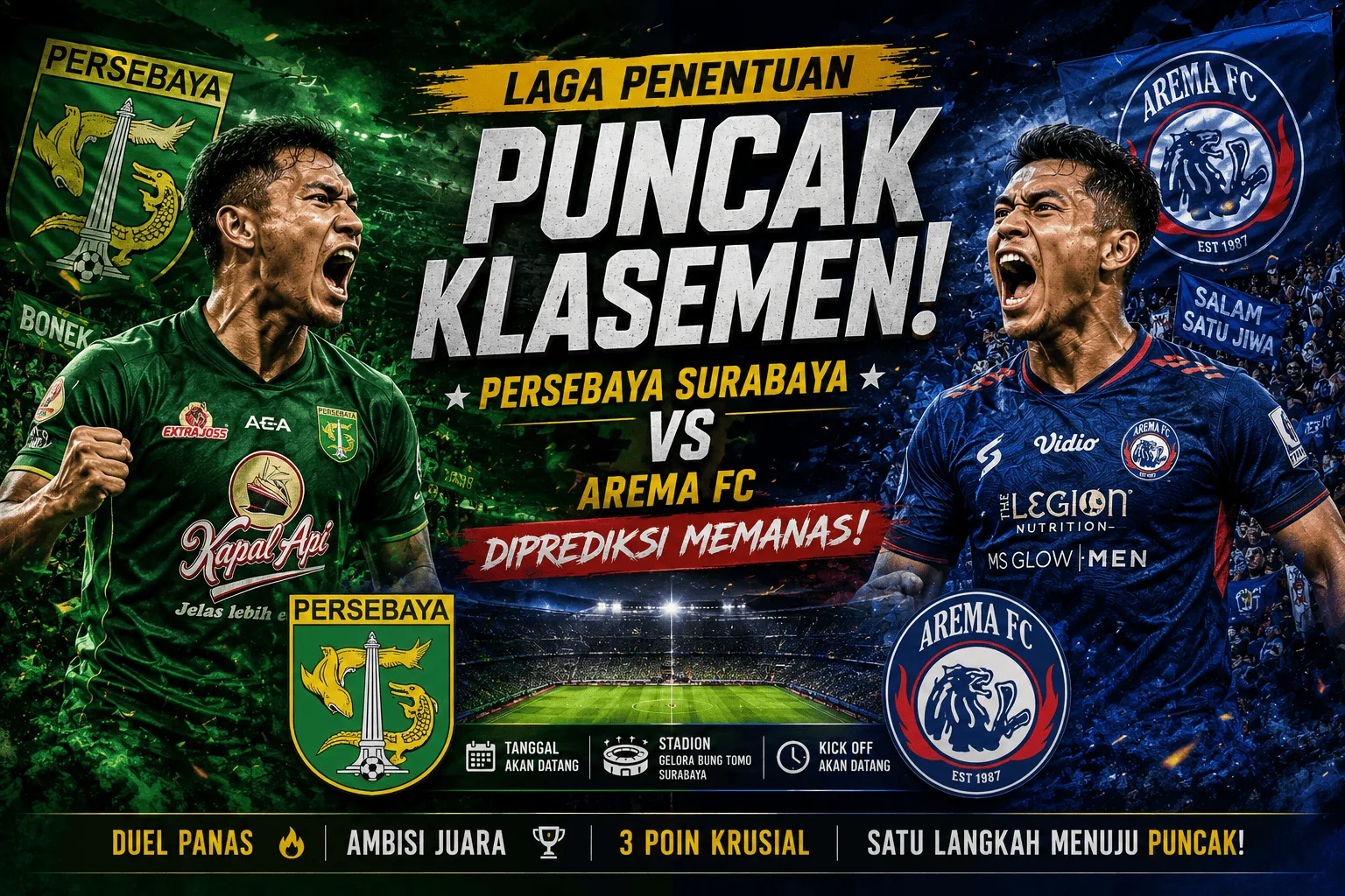 Laga Penentuan Puncak Klasemen! Persebaya Surabaya vs Arema FC Diprediksi Memanas