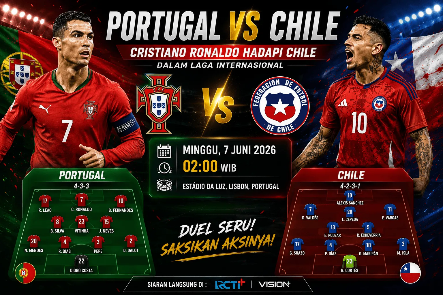 Portugal vs Chile: Cristiano Ronaldo Hadapi Chile dalam Laga Internasional 7 Juni 2026