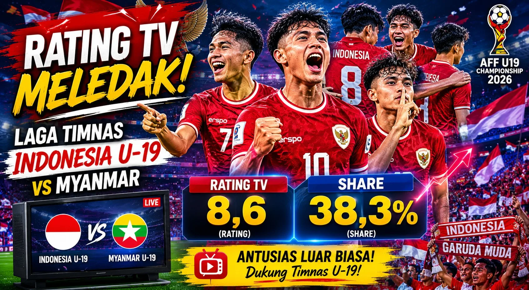 Rating TV Meledak! Laga Timnas Indonesia U-19 vs Myanmar Tembus 8,6 dan Share 38,3 Persen di AFF U-19 2026
