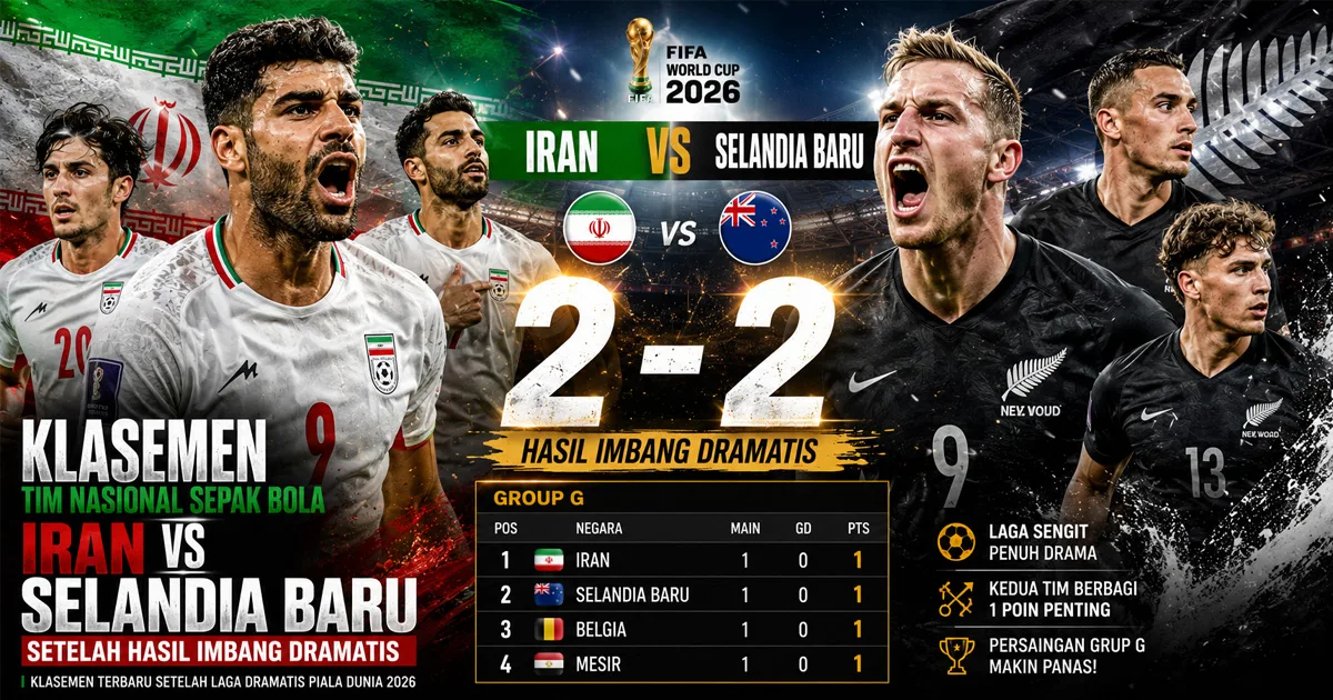 Klasemen Tim Nasional Sepak Bola Iran vs Tim Nasional Sepak Bola Selandia Baru Setelah Hasil Imbang Dramatis