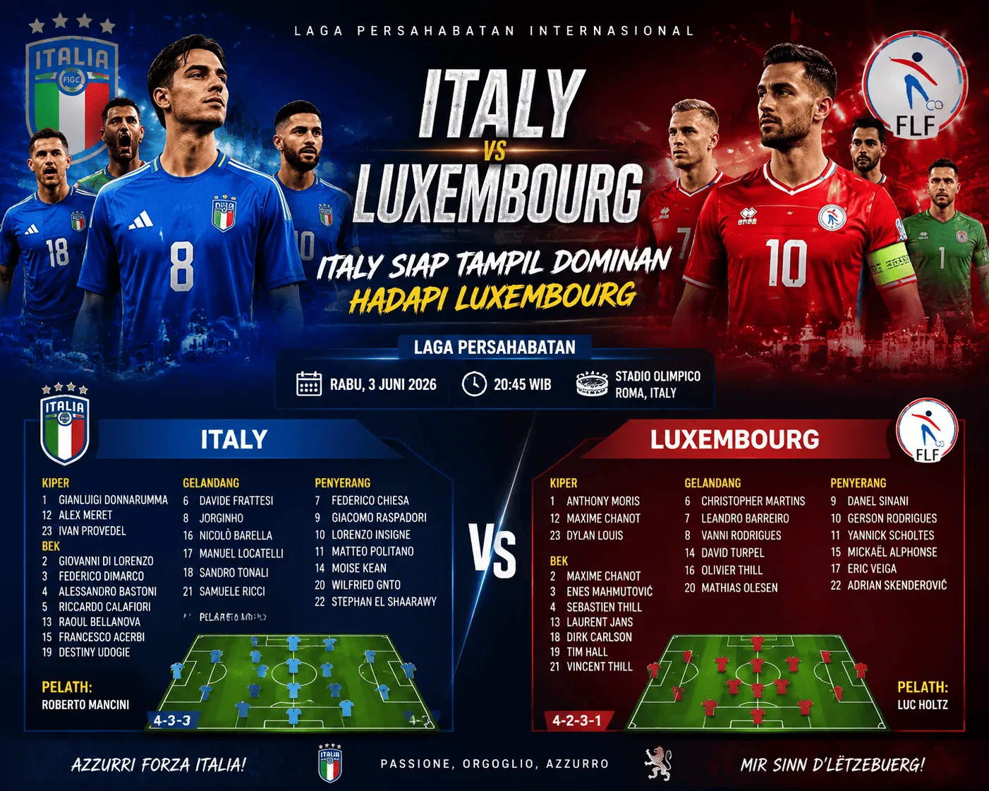 Italy Siap Tampil Dominan Hadapi Luxembourg di Laga Persahabatan 3 Juni 2026