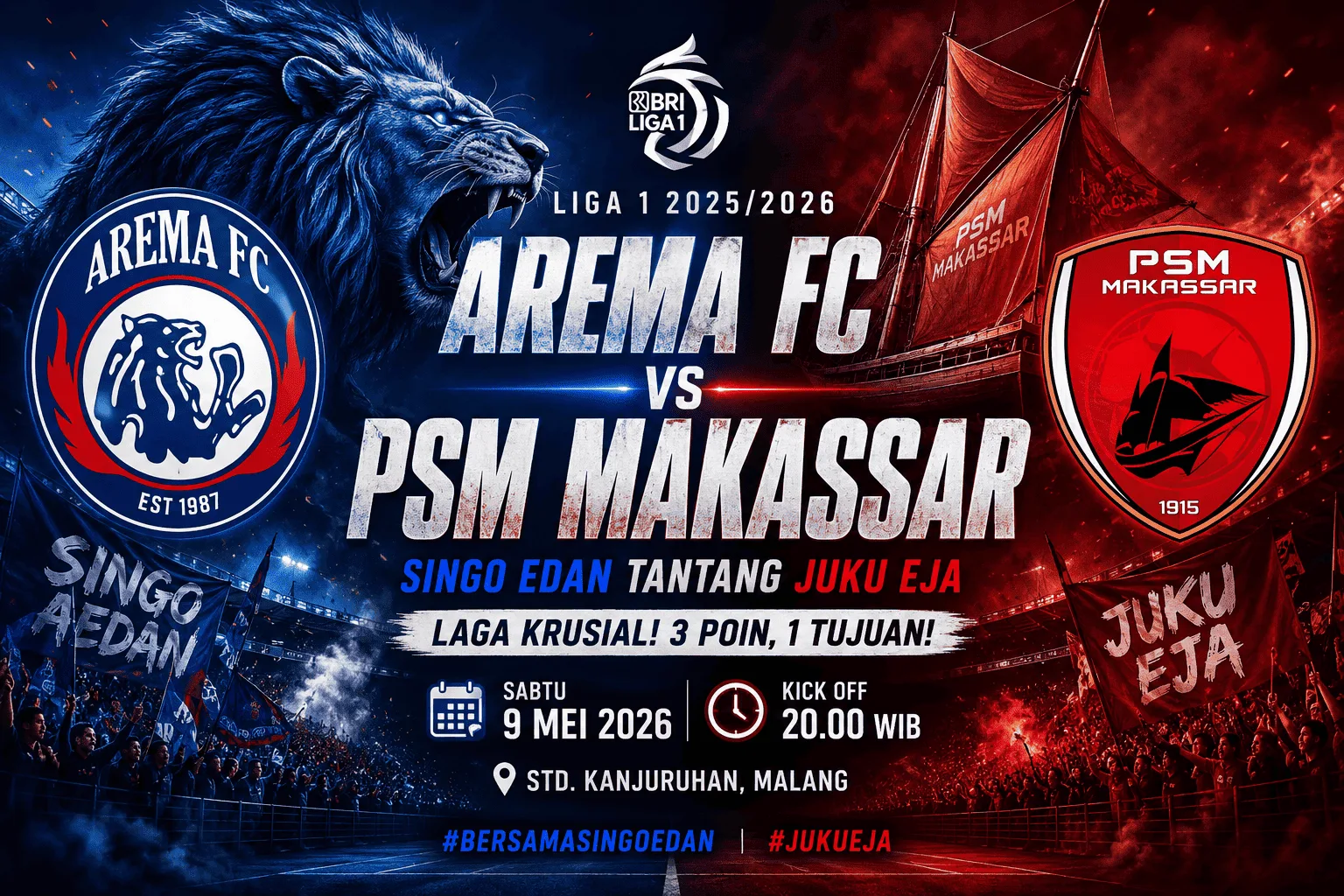 Arema FC vs PSM Makassar 9 Mei 2026: Singo Edan Tantang Juku Eja dalam Laga Krusial Liga 1