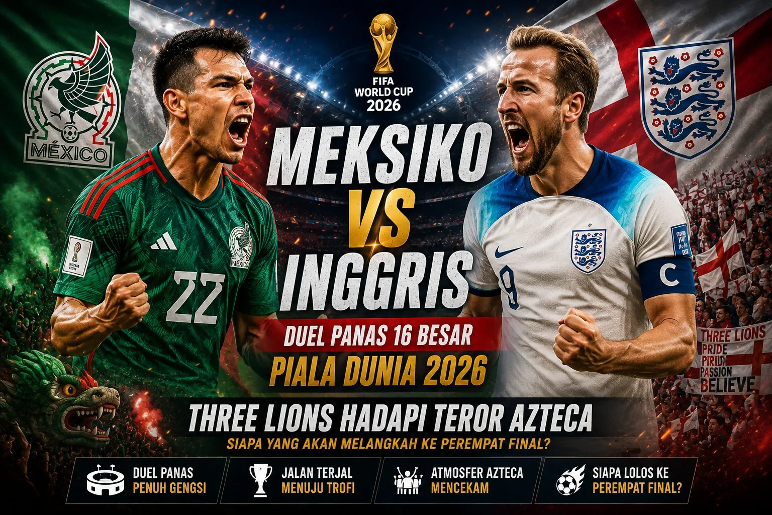 Meksiko vs Inggris: Duel Panas 16 Besar Piala Dunia 2026, Three Lions Hadapi Teror Azteca