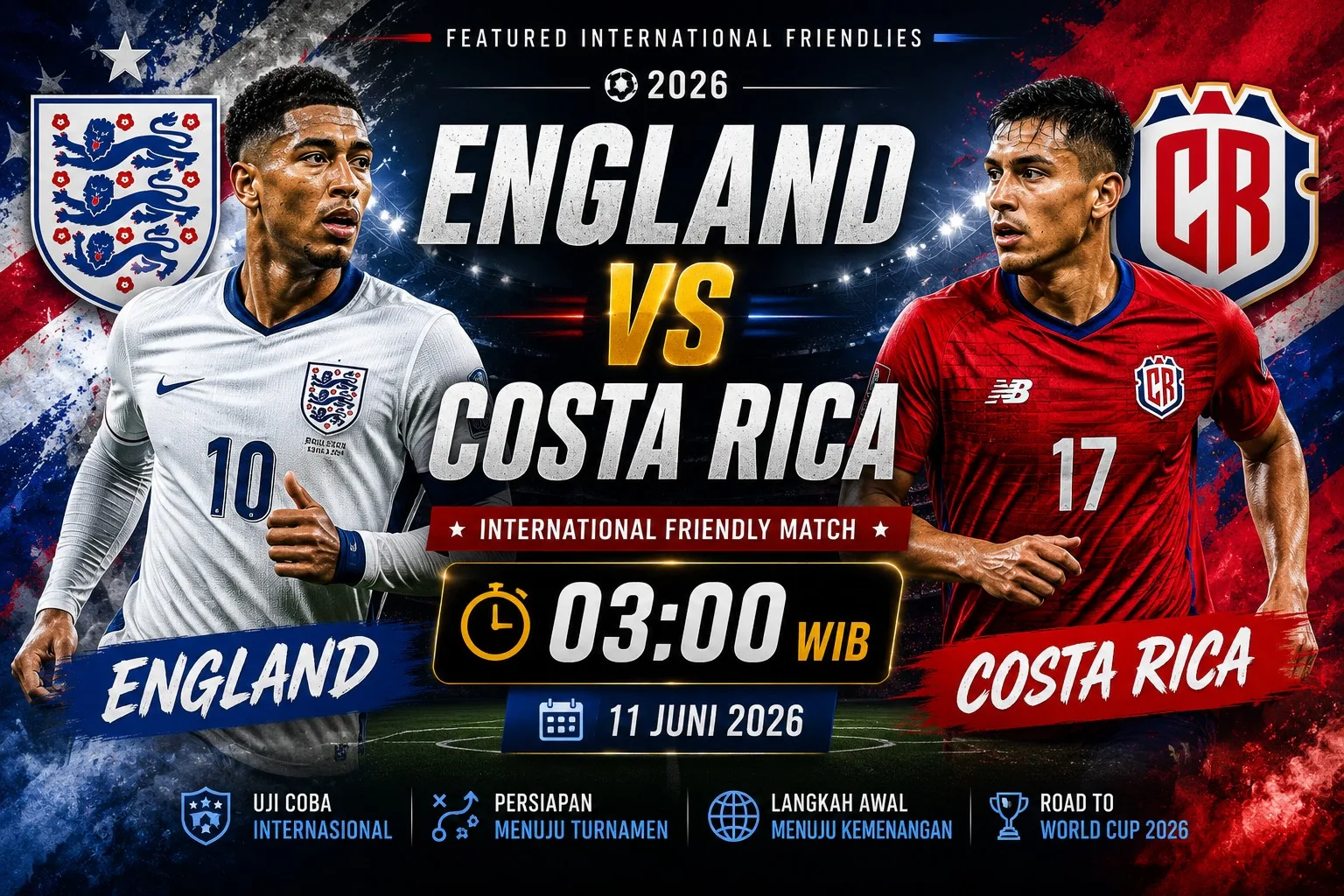 England vs Costa Rica 11 Juni 2026: Prediksi Skor, Head to Head, Susunan Pemain dan Analisis Lengkap