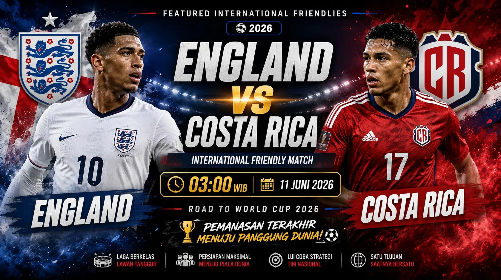 England vs Costa Rica 11 Juni 2026: Prediksi Skor, Head to Head, Susunan Pemain dan Analisis Lengkap