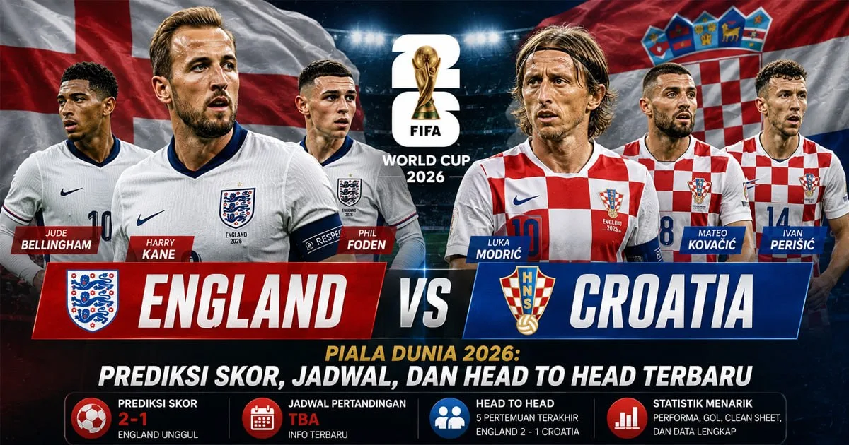 England vs Croatia Piala Dunia 2026: Prediksi Skor, Jadwal, dan Head to Head Terbaru
