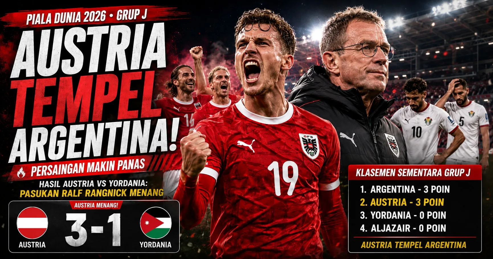 Hasil Austria vs Yordania: Pasukan Ralf Rangnick Menang, Tempel Argentina di Klasemen Grup J