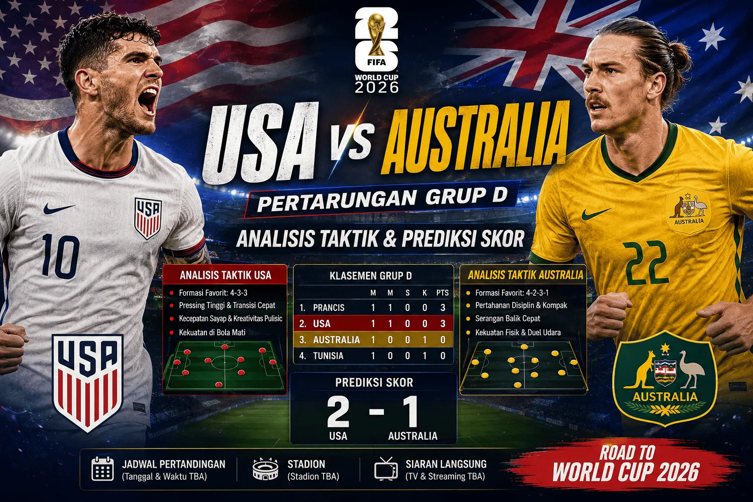 USA vs Australia: Pertarungan Grup D, Analisis Taktik, dan Prediksi Skor Piala Dunia 2026