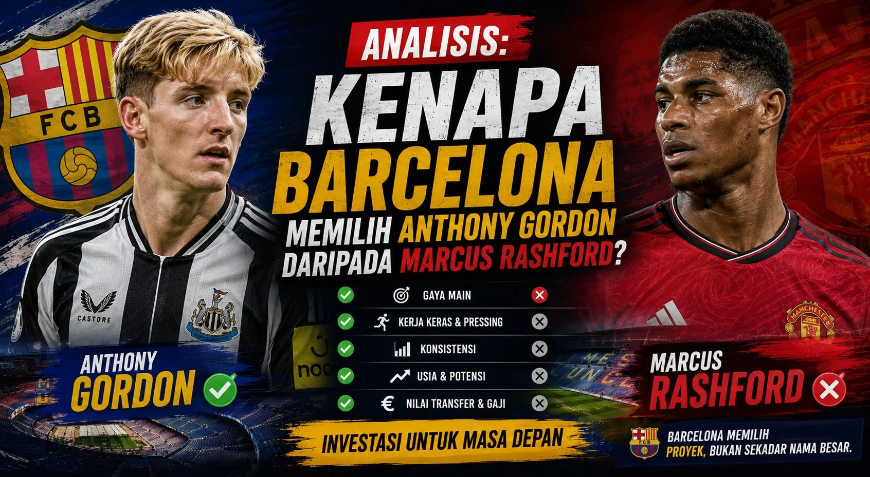 Analisis: Kenapa Barcelona Memilih Anthony Gordon daripada Marcus Rashford?