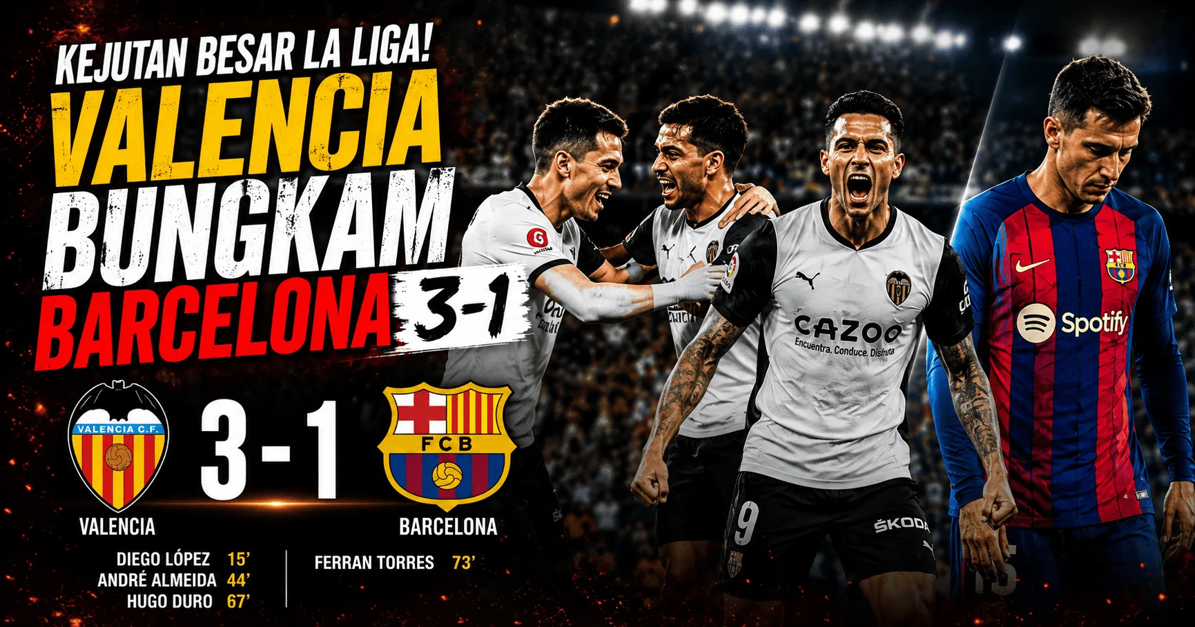 Kejutan Besar La Liga! Valencia Bungkam Barcelona 3-1 dalam Duel Sengit 2026